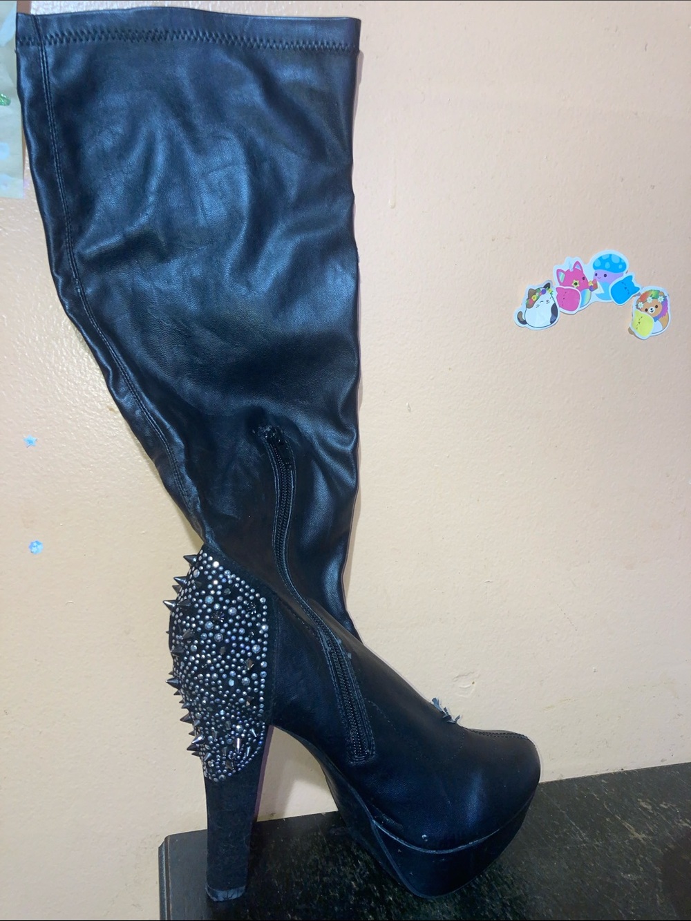 Liliana Black Over-the-Knee Platform Boots with Studded Spike Heel
